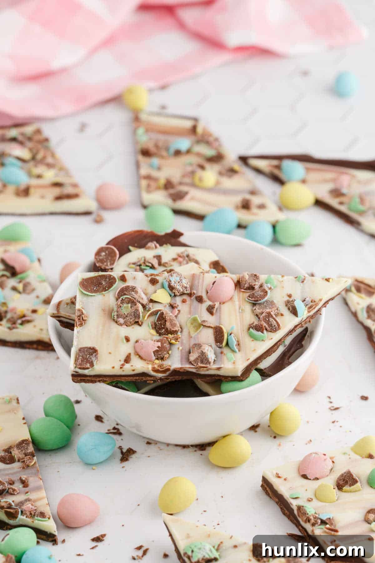 Easter bark in a simple white serving bowl, ready to be enjoyed as a festive dessert.