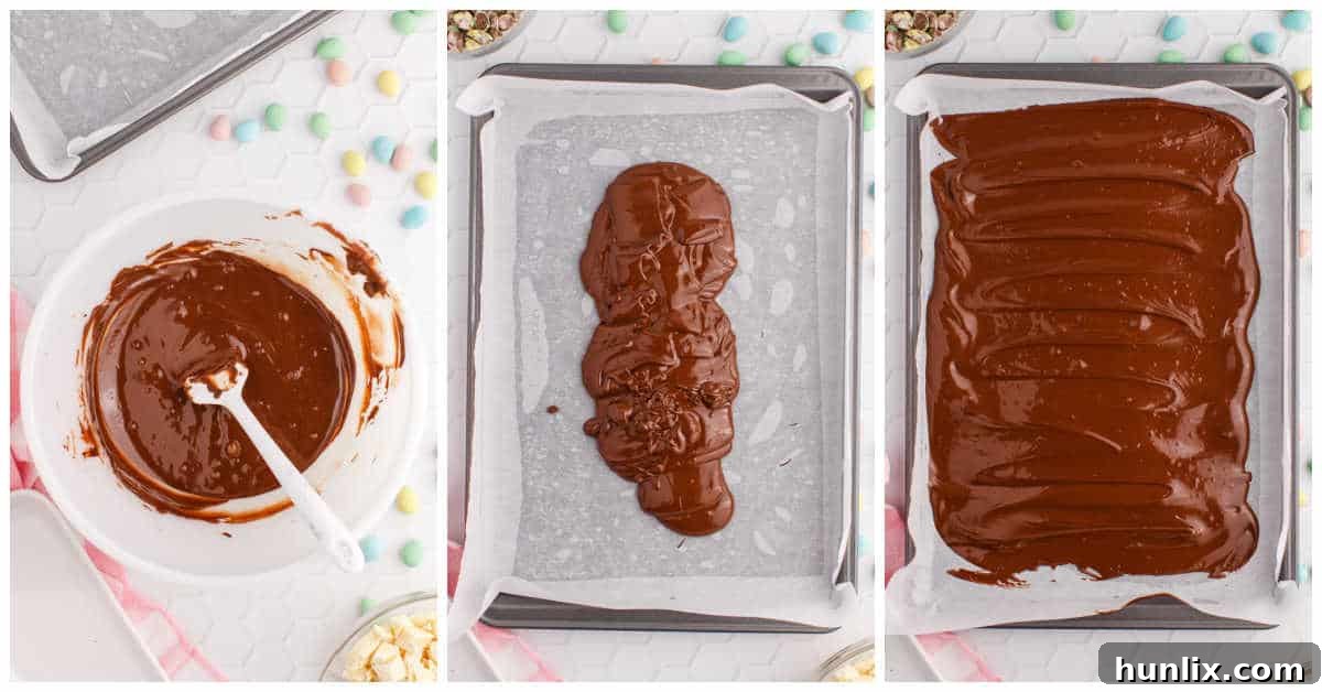 Collage showing the process of melting semi-sweet chocolate and spreading it onto parchment paper for Easter bark, illustrating the first two steps clearly.
