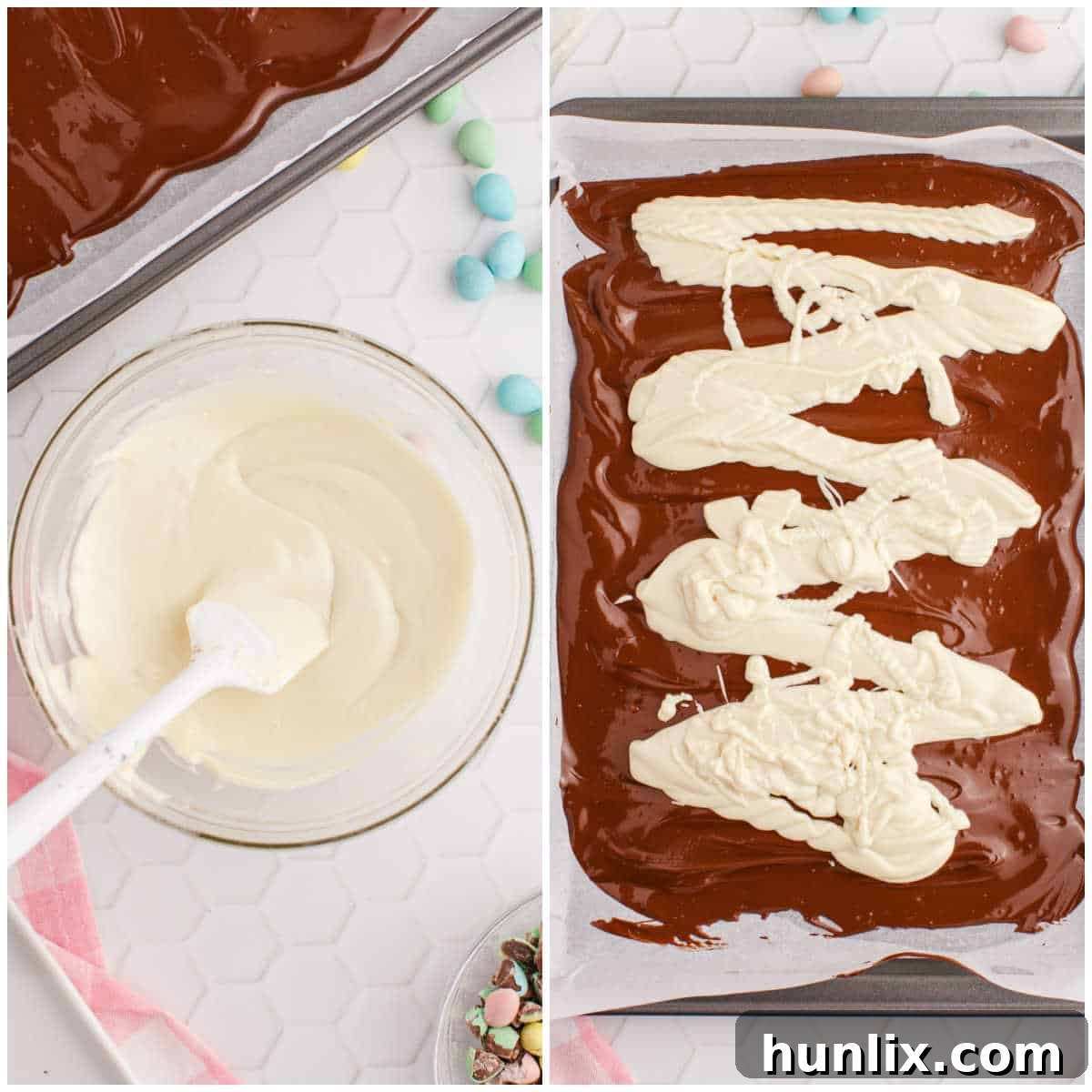 Collage depicting the melting of white chocolate and its application over the semi-sweet chocolate layer to create the Easter bark base, highlighting the swirling process.