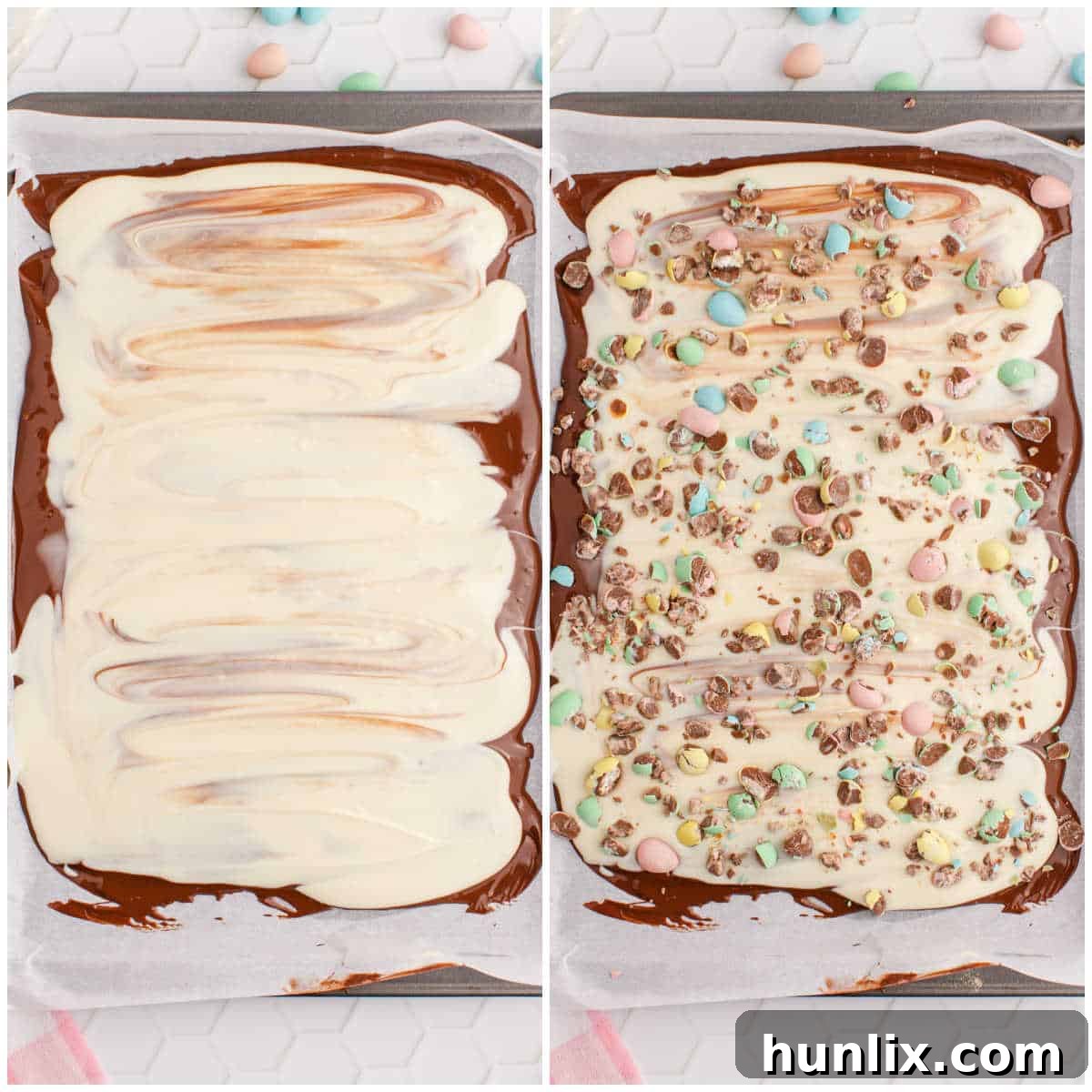 Collage illustrating the final steps of making Easter bark: swirling white chocolate, decorating with colorful toppings, and the finished product.