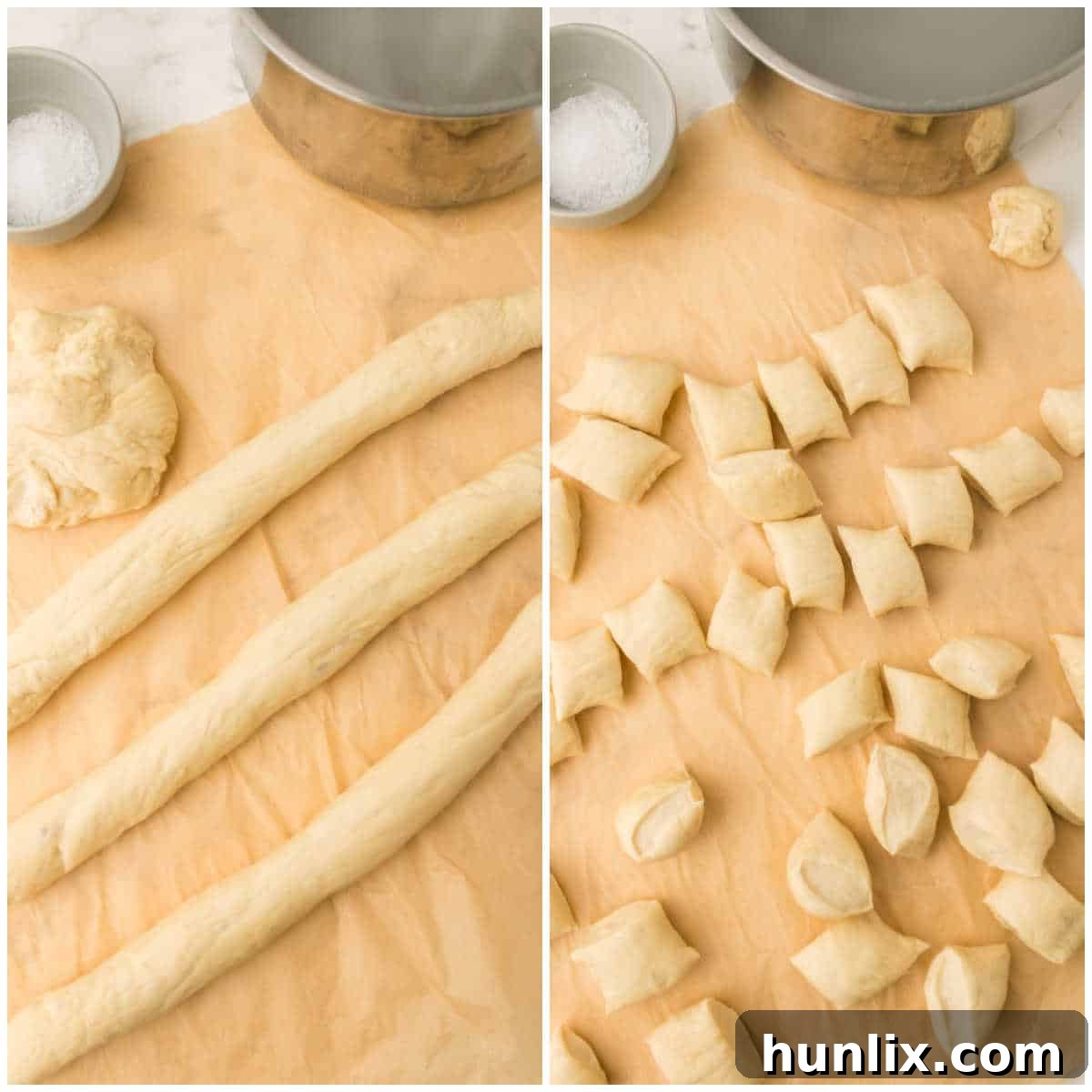 Golden Air Fryer Pretzel Poppers 4 A collage showing pizza dough being portioned and rolled into ropes.