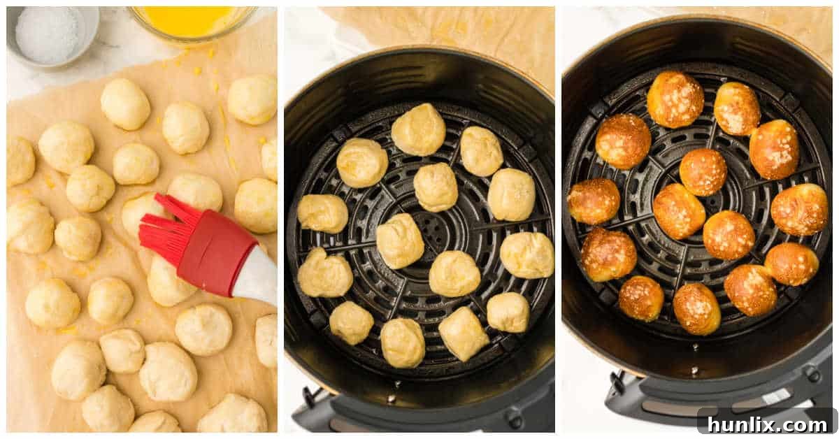 Golden Air Fryer Pretzel Poppers 5 A collage showing pretzel bites being brushed with egg wash and cooking in an air fryer.