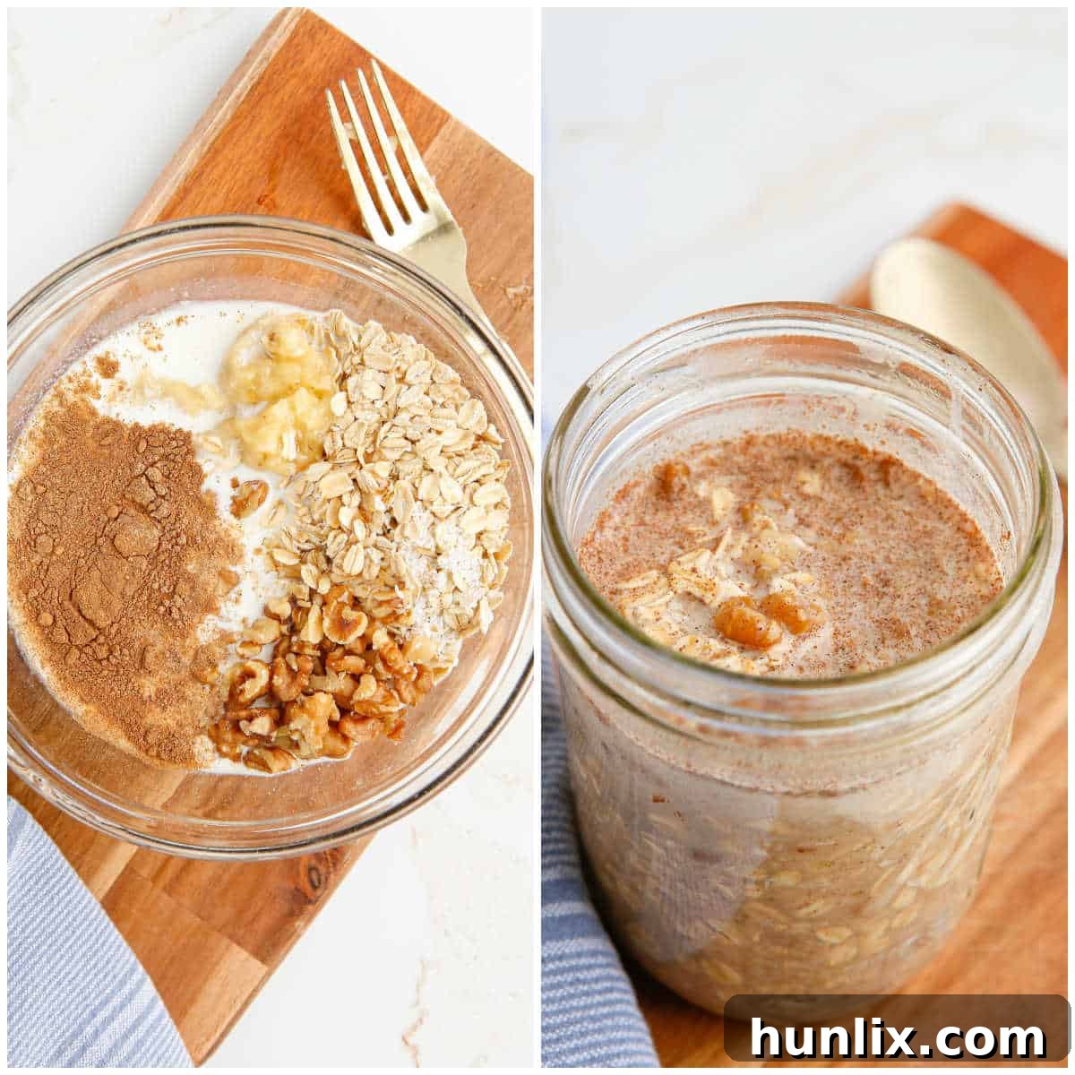 A collage showing the preparation steps: mashing a banana, combining ingredients in a jar, and stirring the mixture.