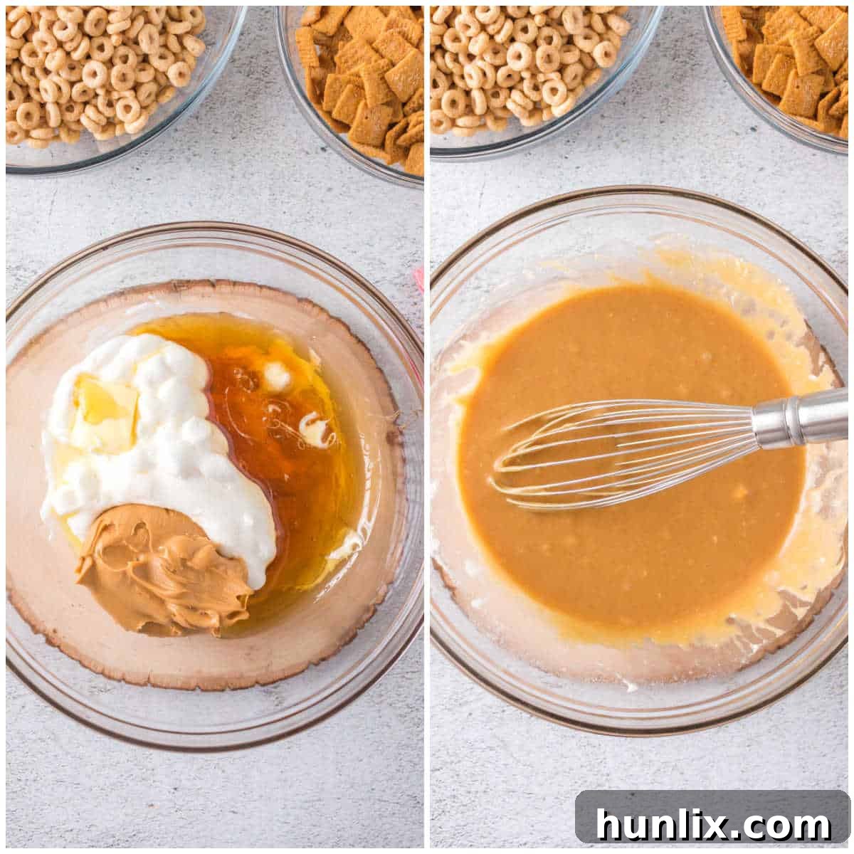 Collage of mixing ingredients in a bowl.
