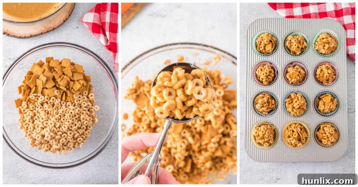Collage of mixing ingredients in a bowl and portioning in a muffin pan.