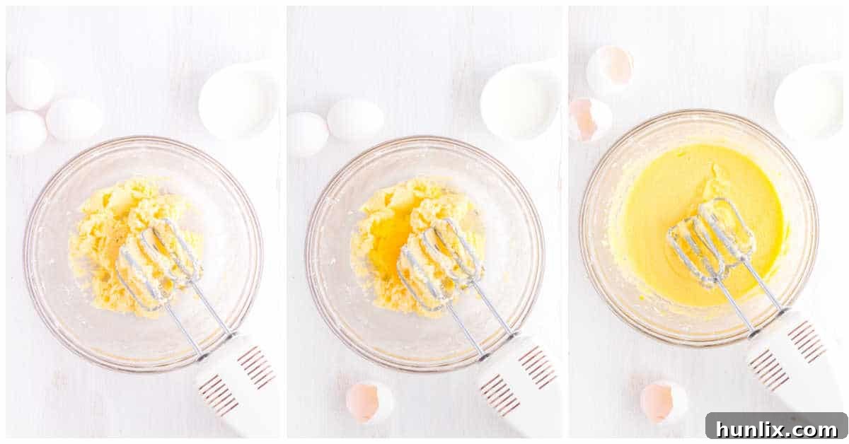 Sweet Italian Easter Delights 5 The process of adding eggs and flour mixture to the wet ingredients in a large bowl, showing the dough coming together.