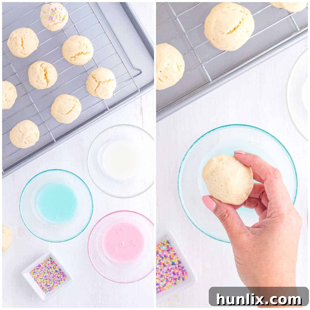 Sweet Italian Easter Delights 8 A close-up of a hand dipping an Italian Easter Cookie into pastel pink glaze, with sprinkles nearby for decoration.