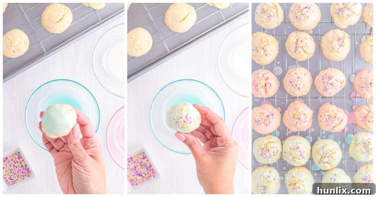 Sweet Italian Easter Delights 9 Two Italian Easter Cookies freshly dipped in glaze and topped with sprinkles, resting on a plate to set.