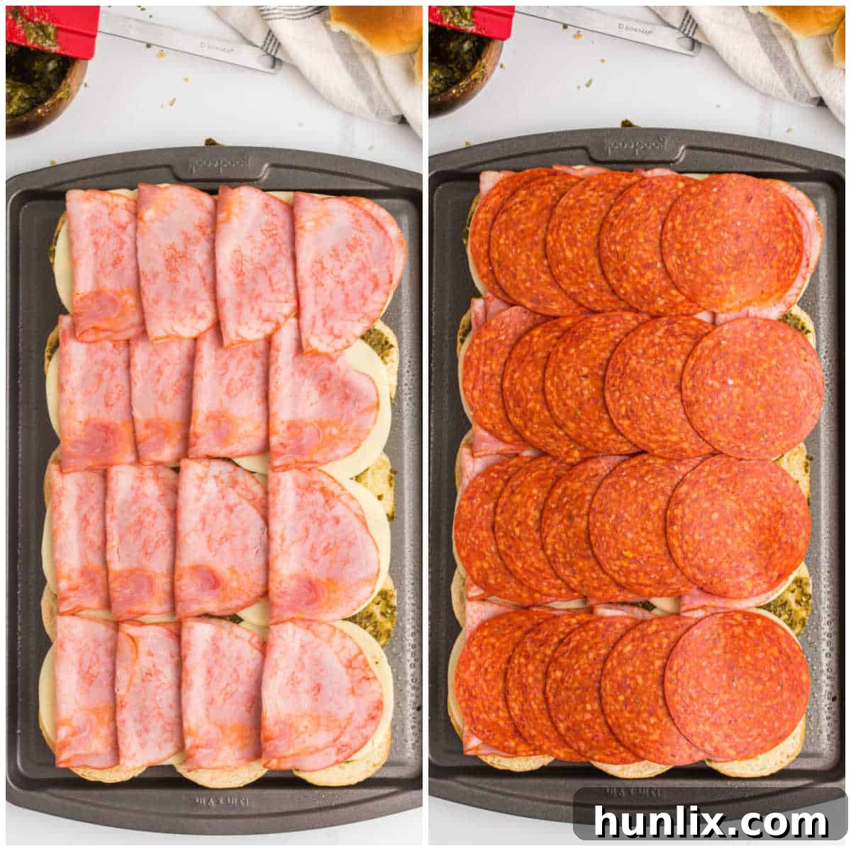 Layering ham, pepperoni, and salami on Italian sliders.