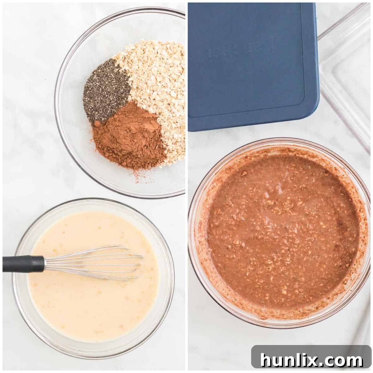 Dreamy Chocolate Peanut Butter Overnight Oats 4 Steps to make chocolate peanut butter overnight oats, showing ingredients being mixed.