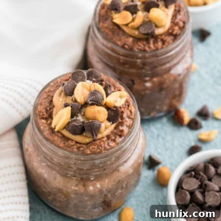 Dreamy Chocolate Peanut Butter Overnight Oats 9 Close-up of Chocolate Peanut Butter Overnight Oats in a jar.