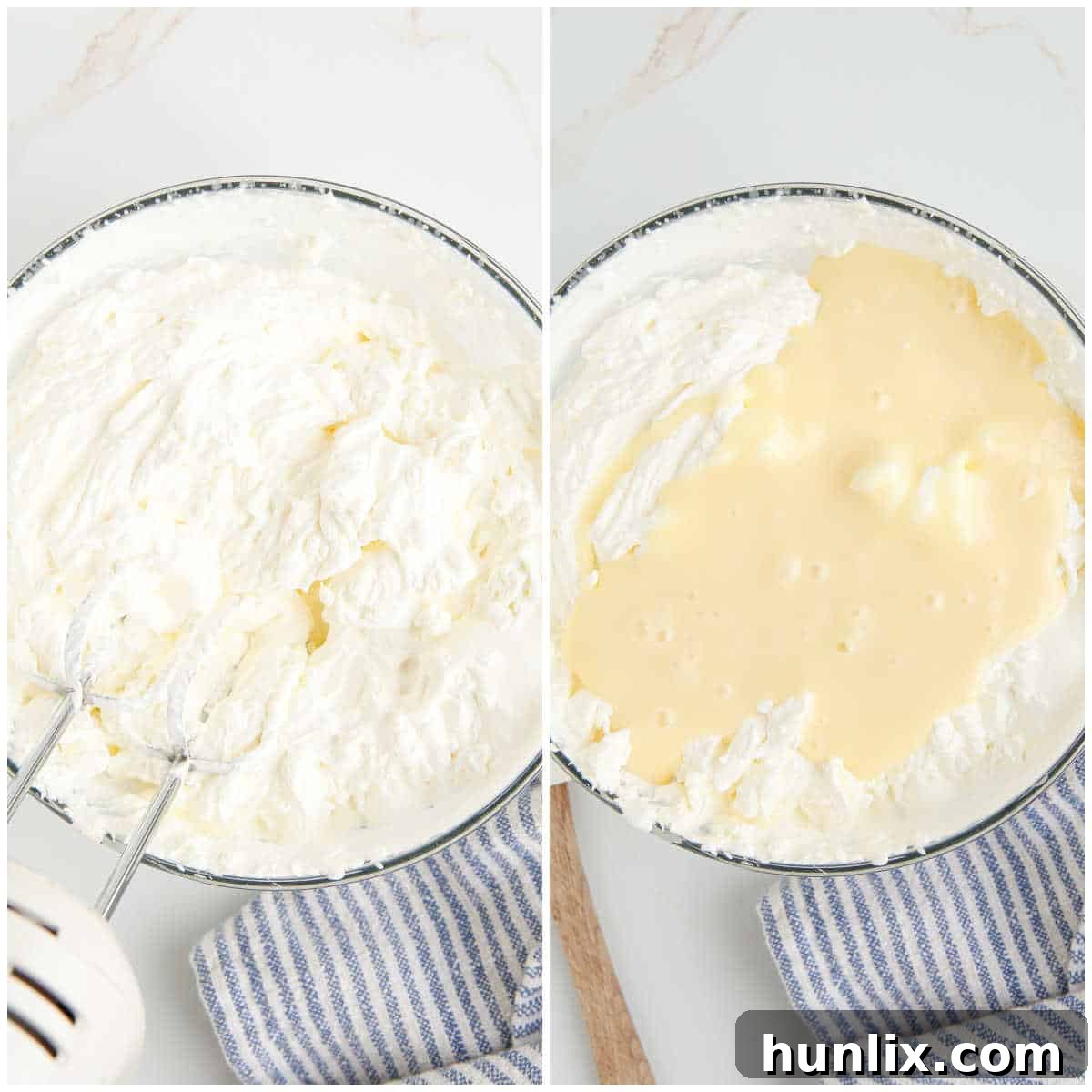 The initial stages of preparing homemade blueberry pie ice cream, illustrating the process of whipping heavy cream and then gently folding in sweetened condensed milk, vanilla extract, and cinnamon to create the creamy base.