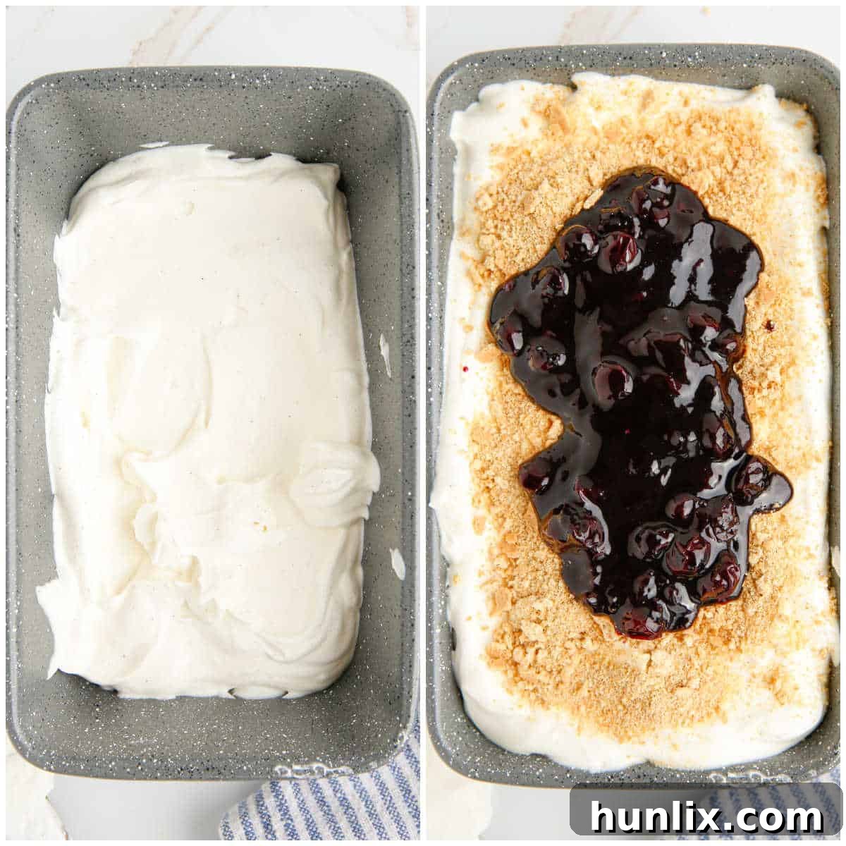 The process of layering and swirling for homemade blueberry pie ice cream, showing the ice cream base, crushed graham crackers, and blueberry pie filling creating a beautiful marble effect before freezing.