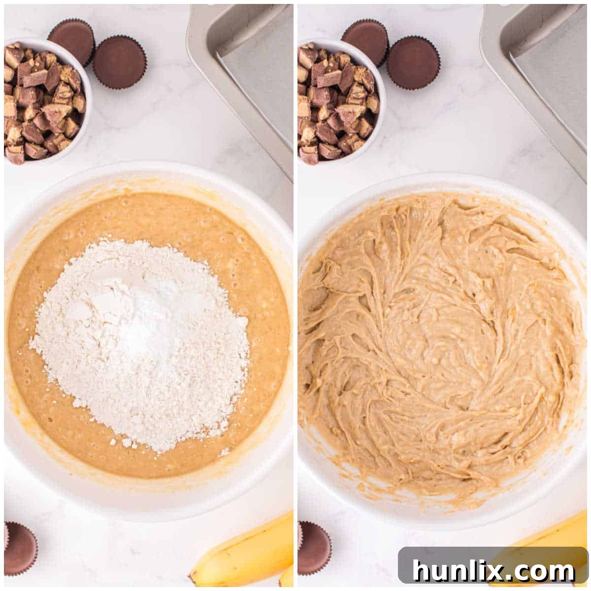 Adding flour and baking soda to the wet batter for Reese's Peanut Butter Banana Bread and gently mixing them in.