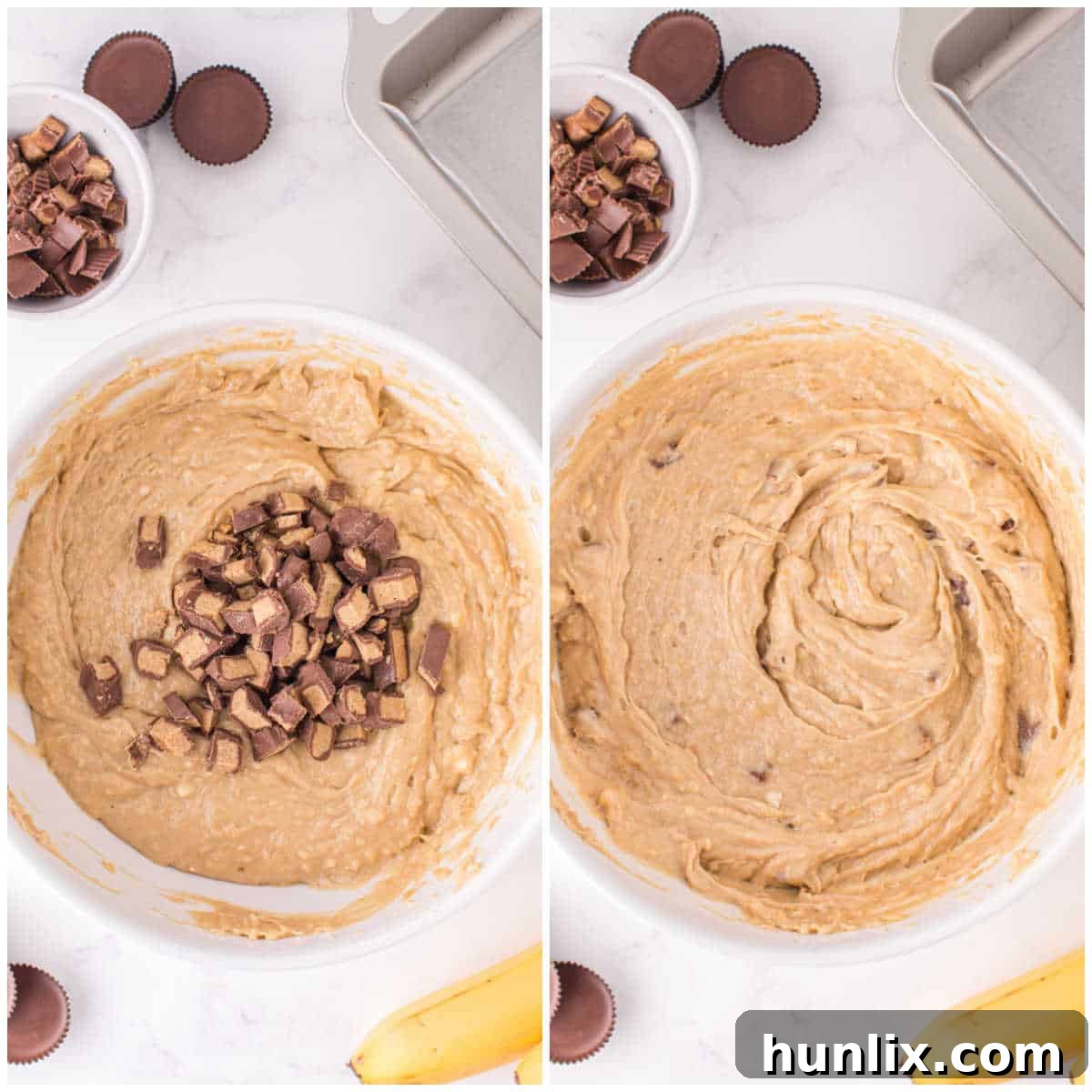 Folding chopped Reese's Peanut Butter Cups into the banana bread batter with a spatula.