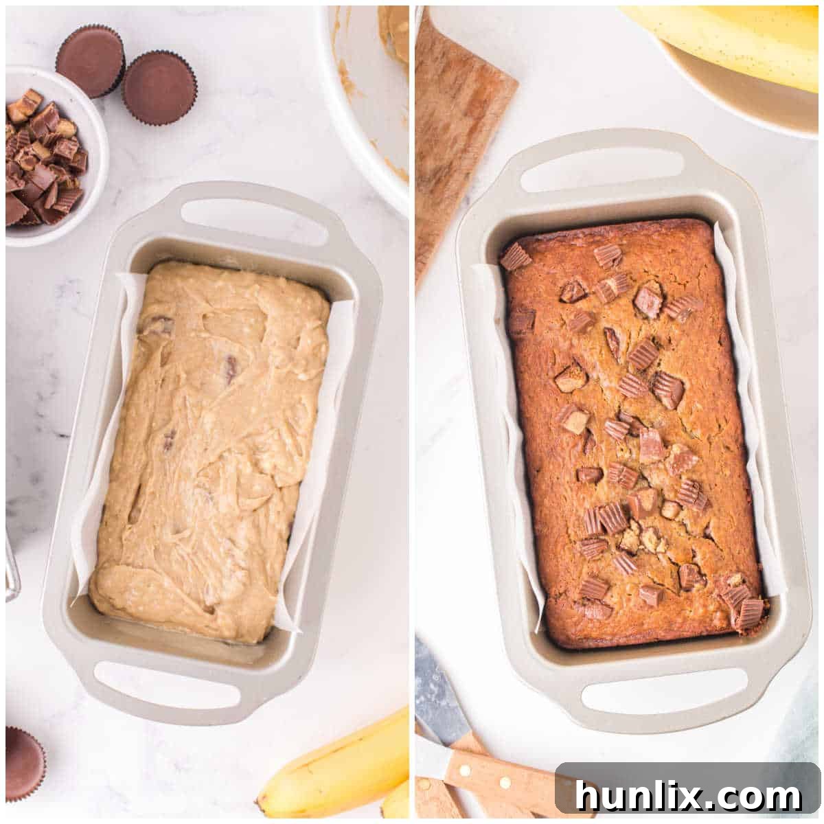 The baked Reese's Peanut Butter Banana Bread loaves cooling on a wire rack after being removed from the oven.