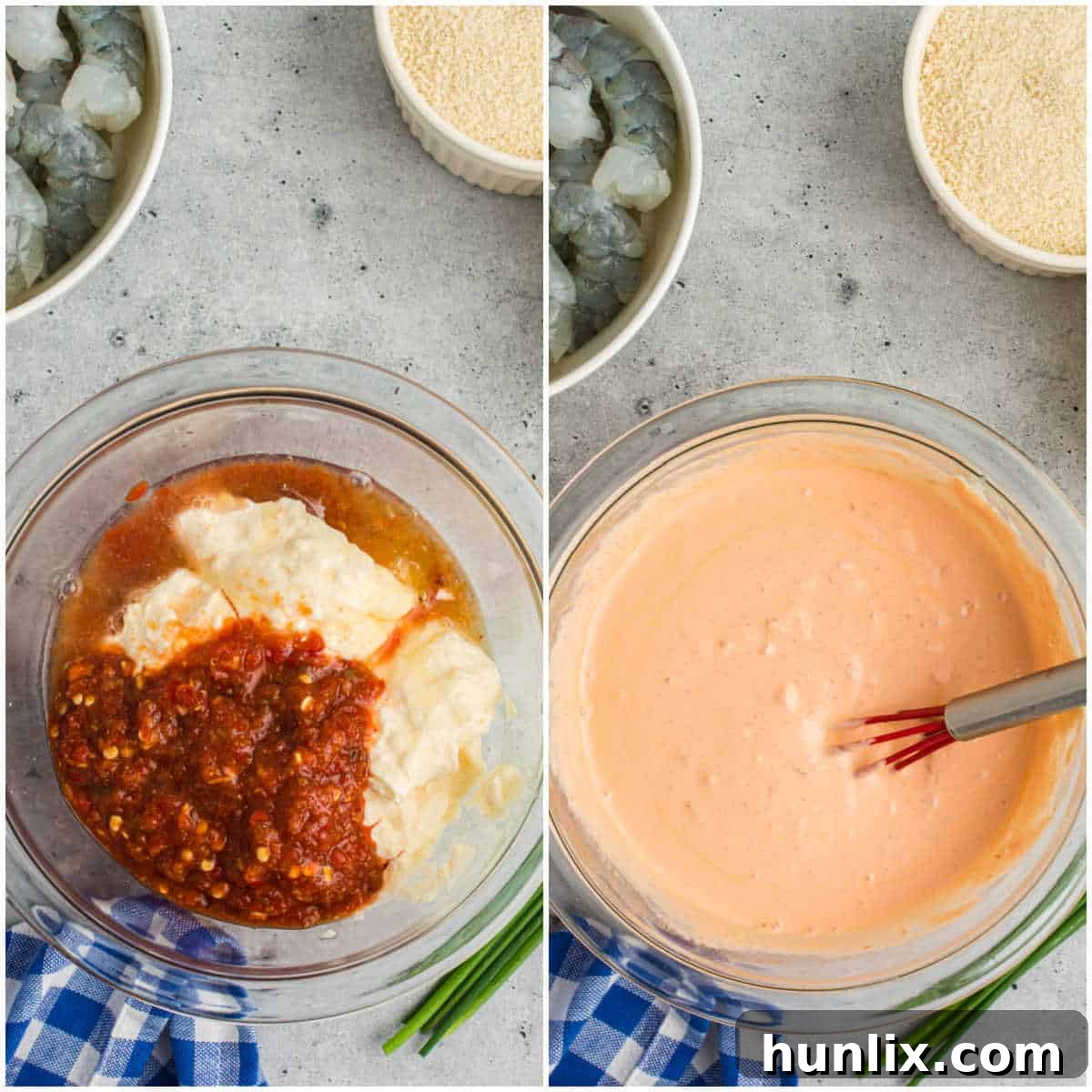 Crispy Air Fryer Bang Bang Shrimp 4 A collage showing the process of mixing the Bang Bang sauce ingredients in a bowl.