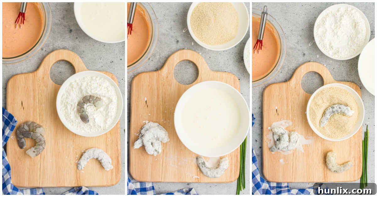 Crispy Air Fryer Bang Bang Shrimp 5 A collage demonstrating the three-step breading process for shrimp: cornstarch, buttermilk, and panko.