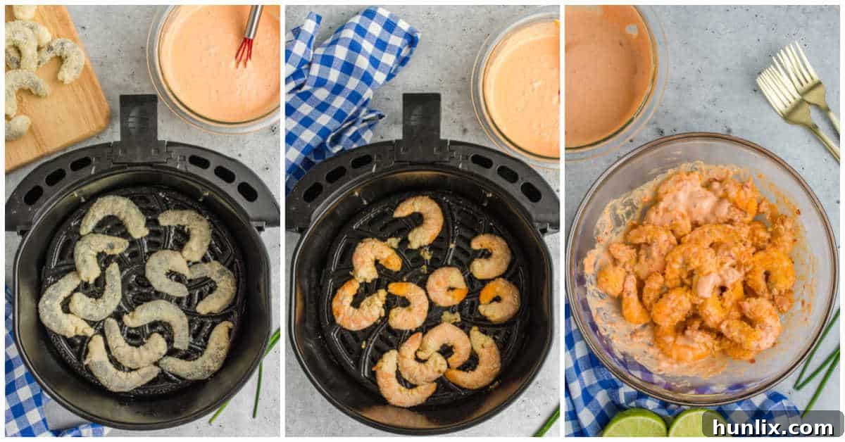 Crispy Air Fryer Bang Bang Shrimp 6 A collage showing air-fried shrimp being tossed in Bang Bang sauce and then plated.