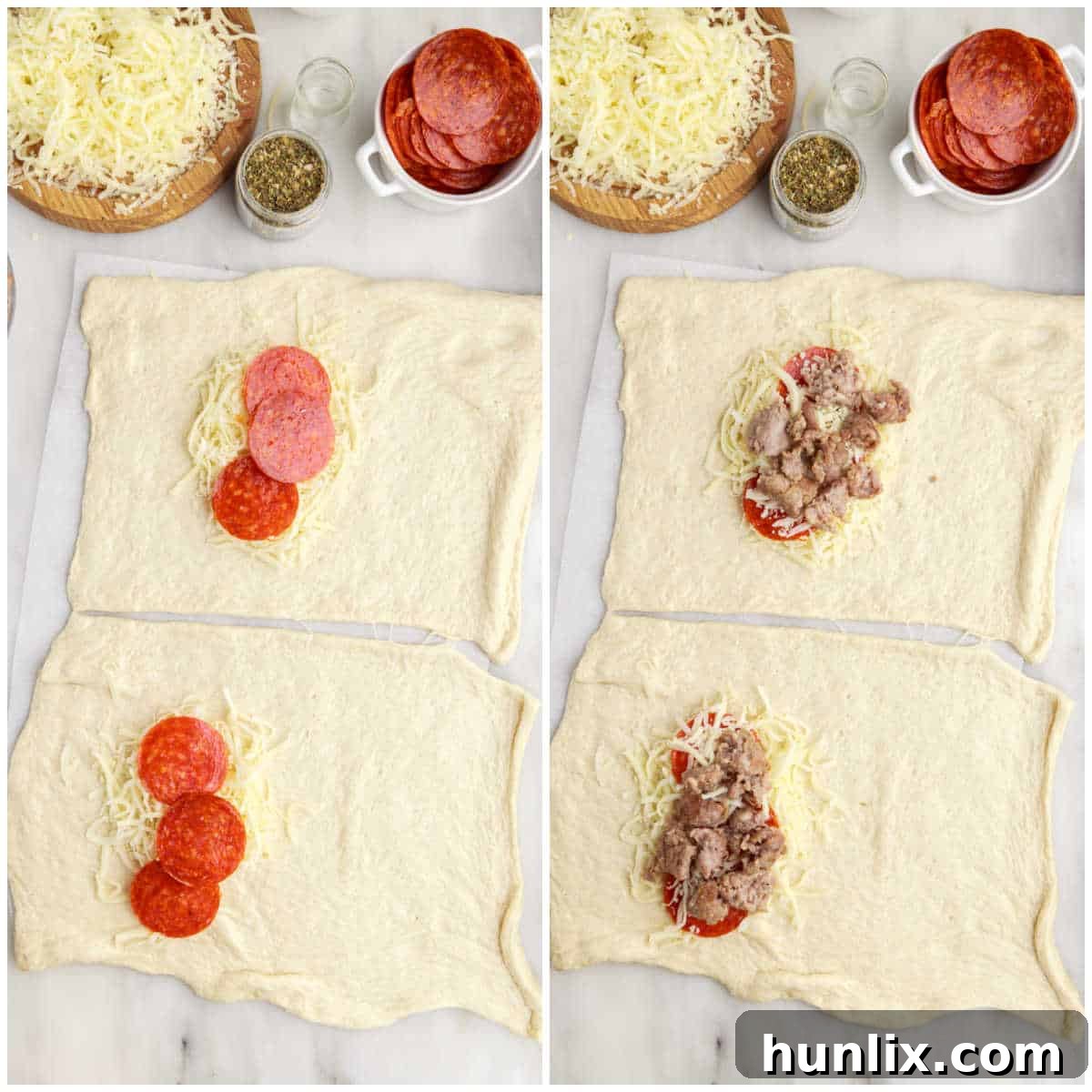 Two rounds of pizza dough rolled out on a counter, with various meat and cheese fillings placed on one half of each round, showing the initial steps of calzone preparation.