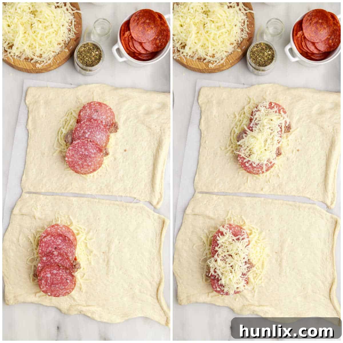 Close-up of calzone fillings, including pepperoni, sausage, salami, mozzarella, and Parmesan cheese, meticulously layered on one side of the pizza dough, ready for folding.