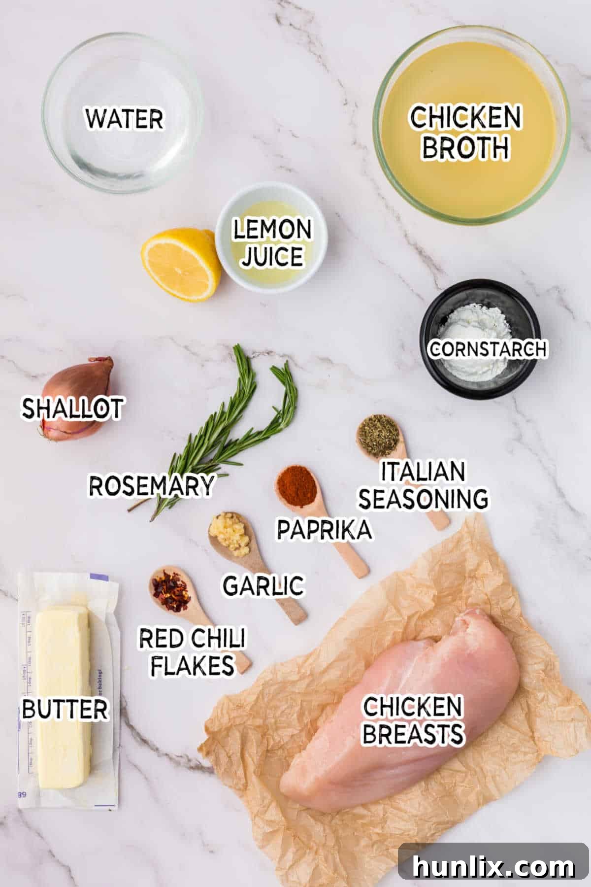 Ingredients to make lemon garlic butter chicken.