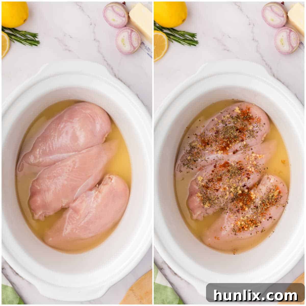 Steps to make slow cooker lemon garlic butter chicken.
