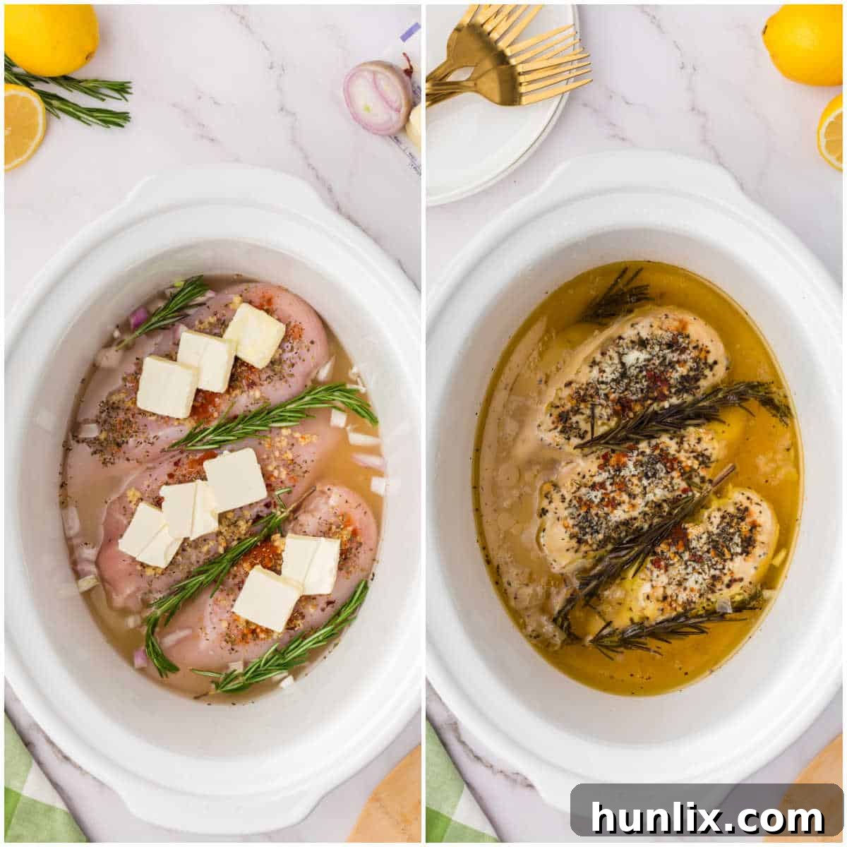 Steps to make crockpot lemon garlic butter chicken.
