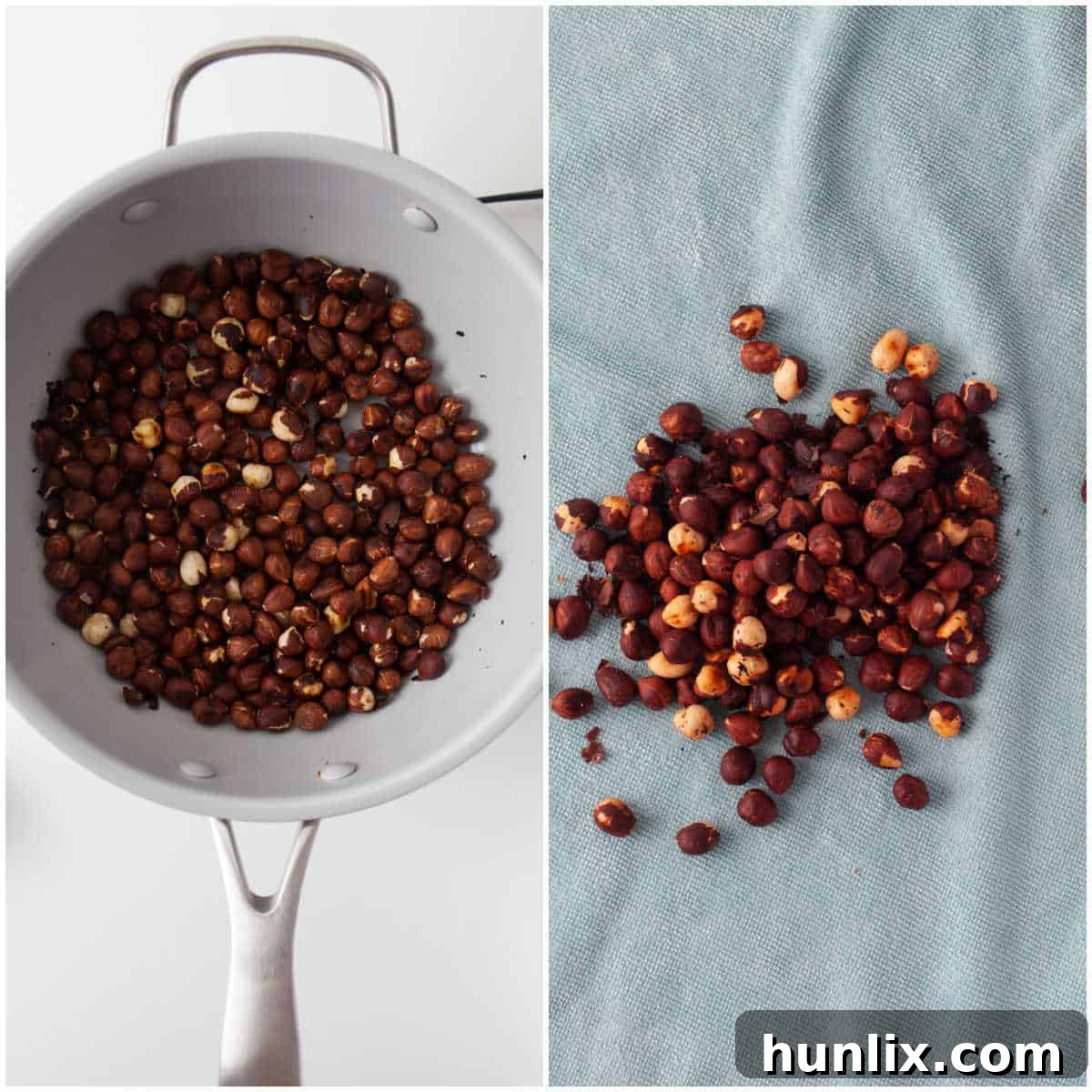 Decadent Homemade Chocolate Hazelnut Spread 4 A series of images showing the first steps of making homemade Nutella: toasting hazelnuts in a pan, then rubbing them in a towel to remove skins.