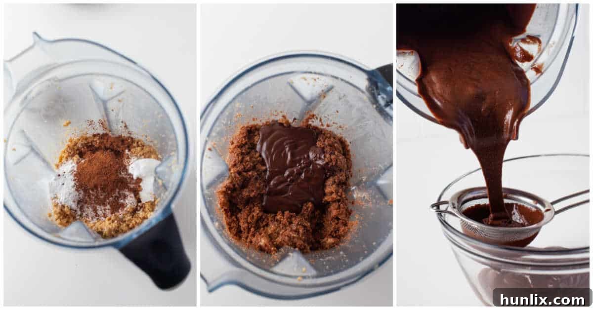 Decadent Homemade Chocolate Hazelnut Spread 6 A series of images showing the final steps of making homemade Nutella: blending all ingredients, then pouring the finished spread into a glass jar.