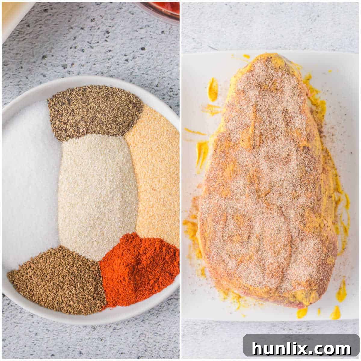 Collage showing steps for preparing the chuck roast with dry rub.