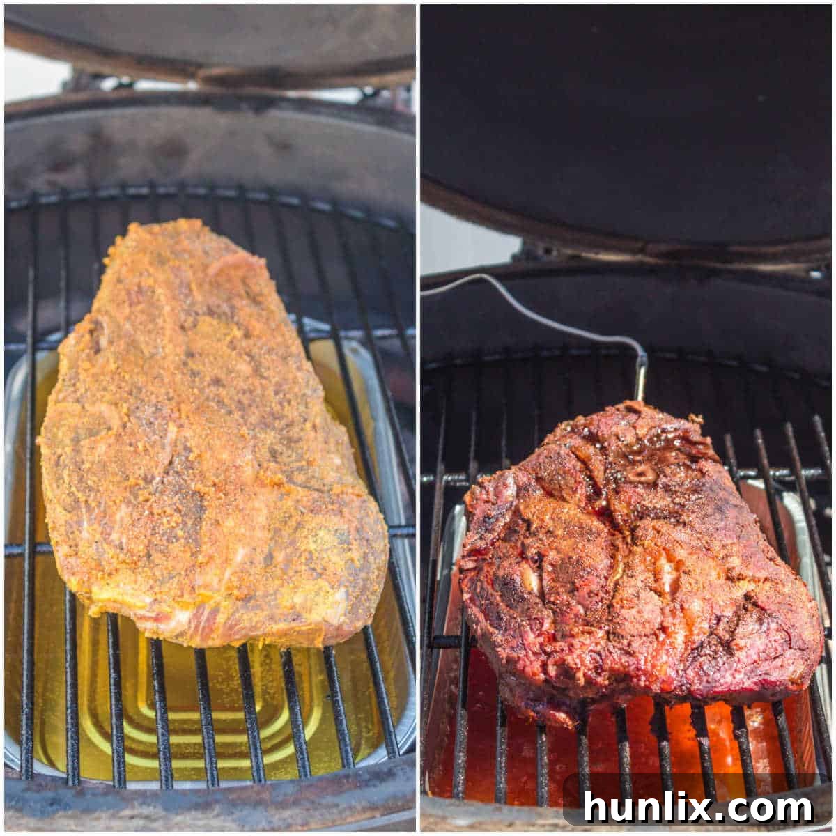 Collage showing chuck roast on the grill during the initial smoking phase.