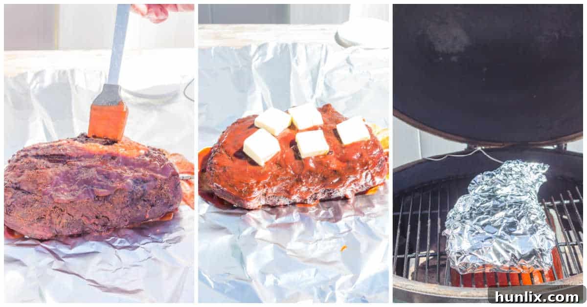 Collage showing the chuck roast wrapped in foil with BBQ sauce and butter, then back on the grill.