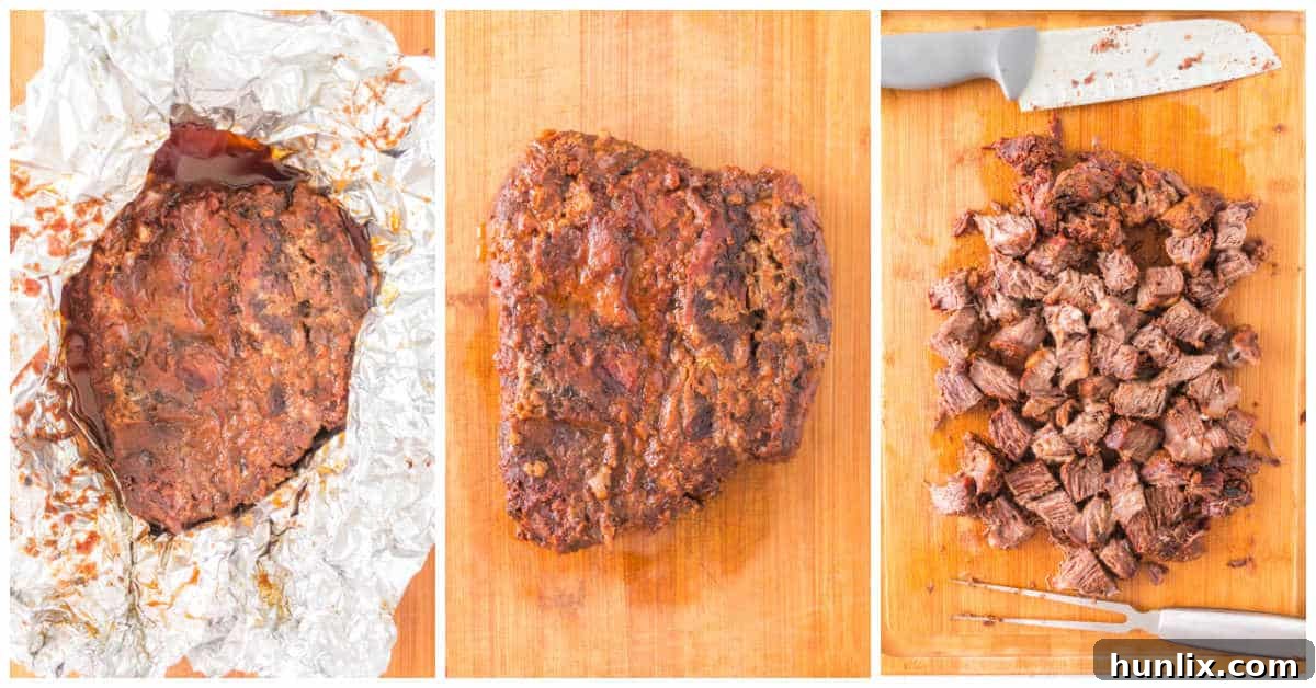 Collage showing the cooked chuck roast being cut into bite-sized pieces.