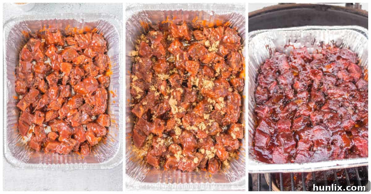 Collage of the cubed, sauced chuck roast in an aluminum pan on a grill rack.