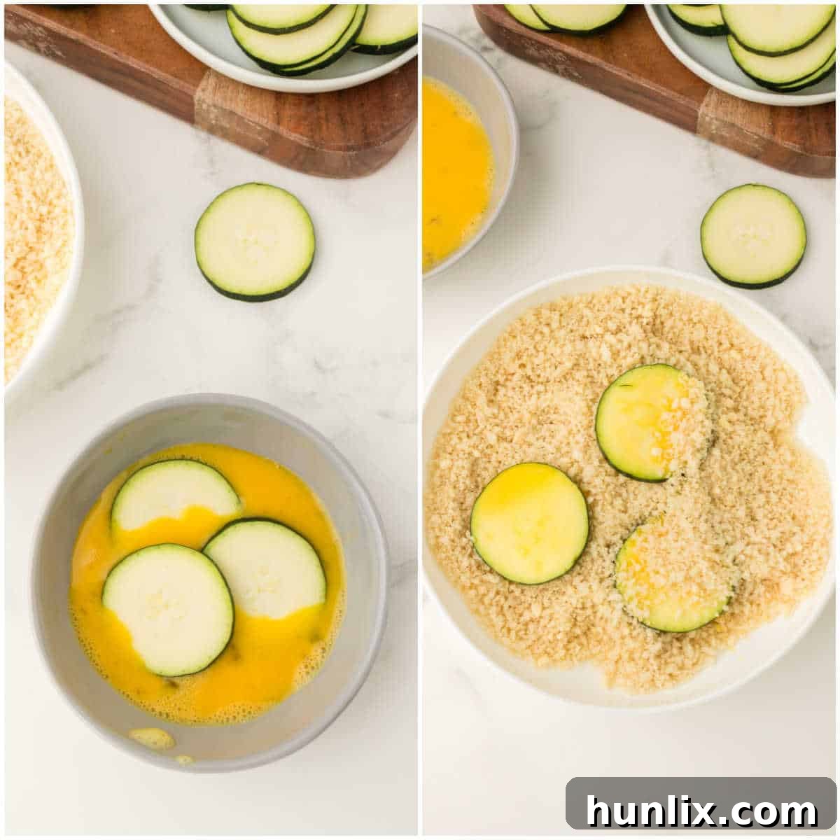 Golden Crispy Air Fryer Zucchini 4 A three-panel collage demonstrating the process of dredging zucchini slices for air frying.