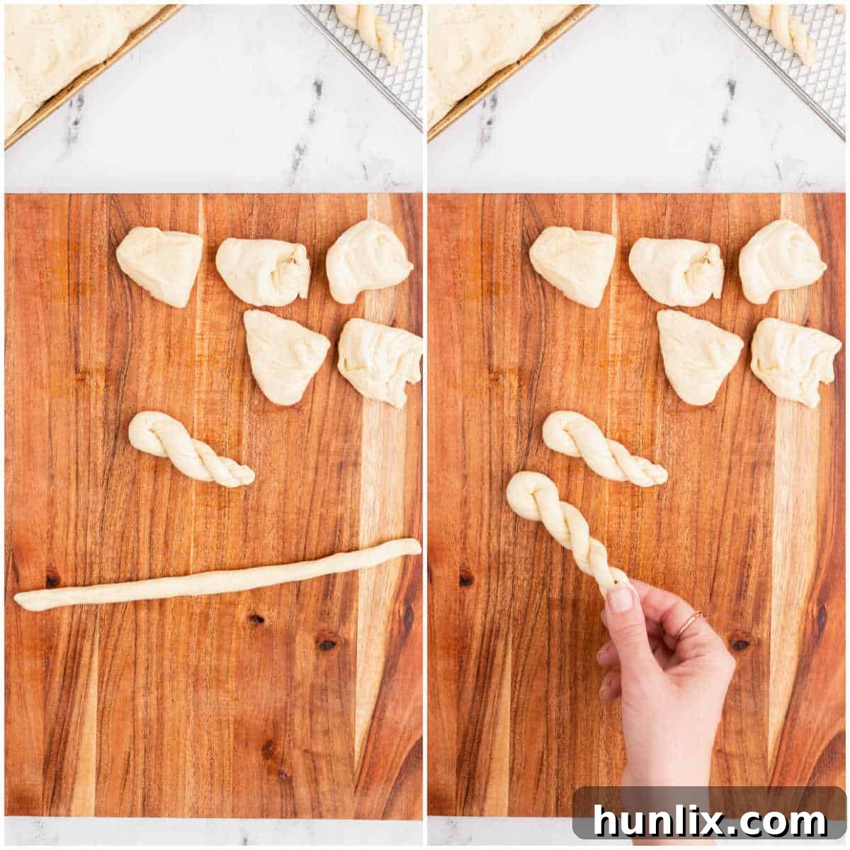 Collage of rolling the dough into twists on a wooden cutting board, showing step-by-step shaping.