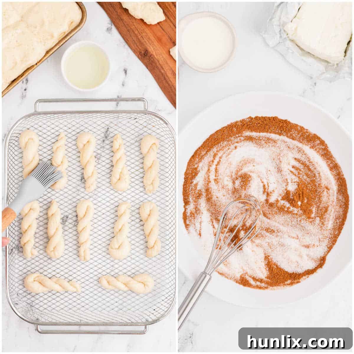 Collage of brushing the twists with oil and mixing cinnamon sugar, showing mid-preparation.