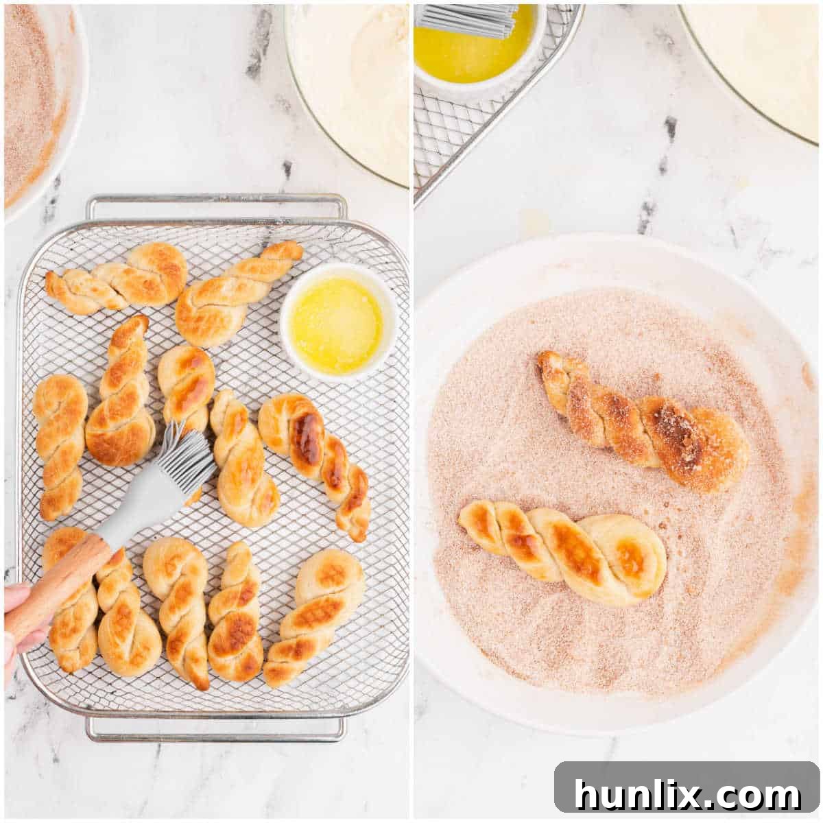Collage of brushing the twists with butter and coating them in cinnamon sugar, depicting the final steps.