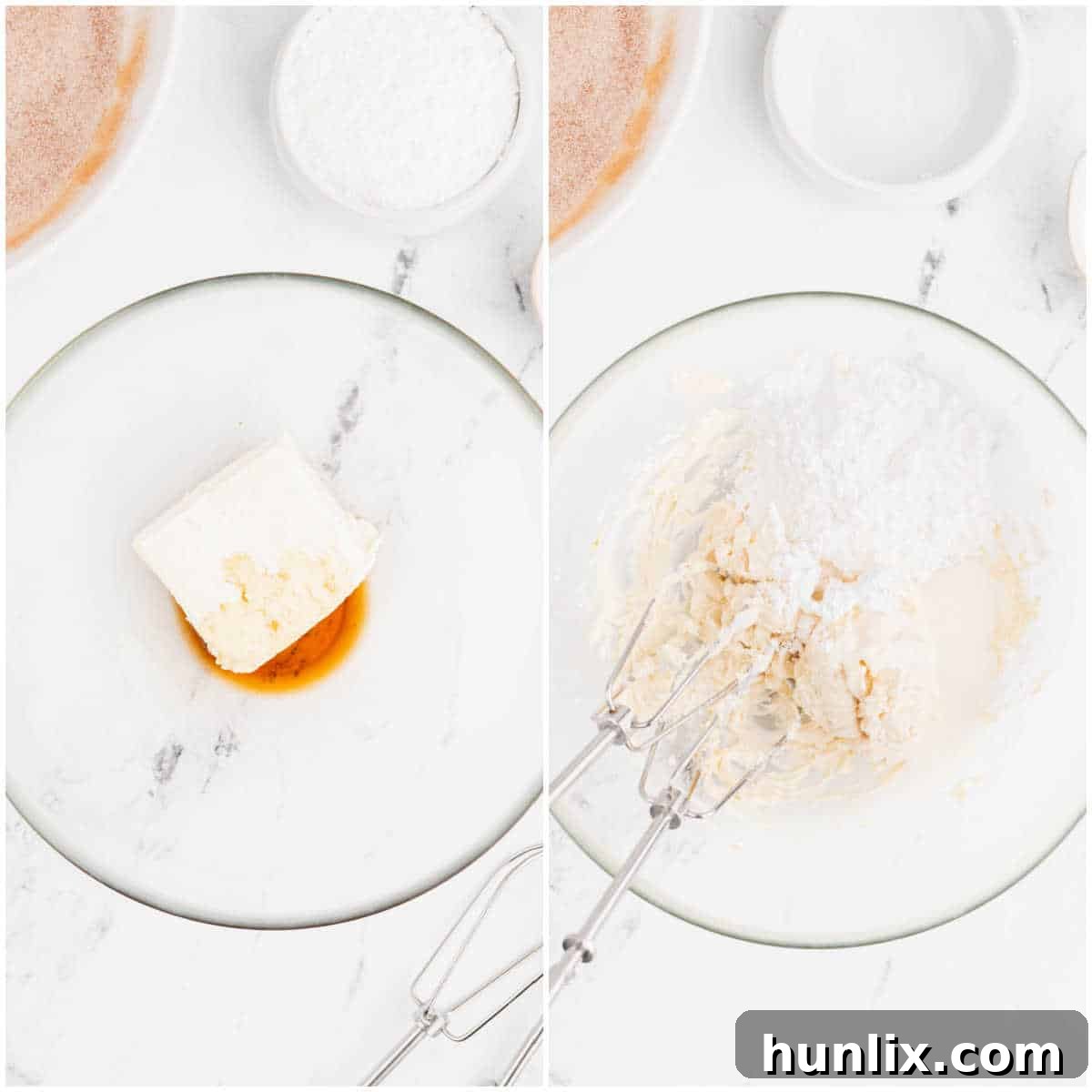 Collage of making the cream cheese dip in a bowl, showing the blending process.
