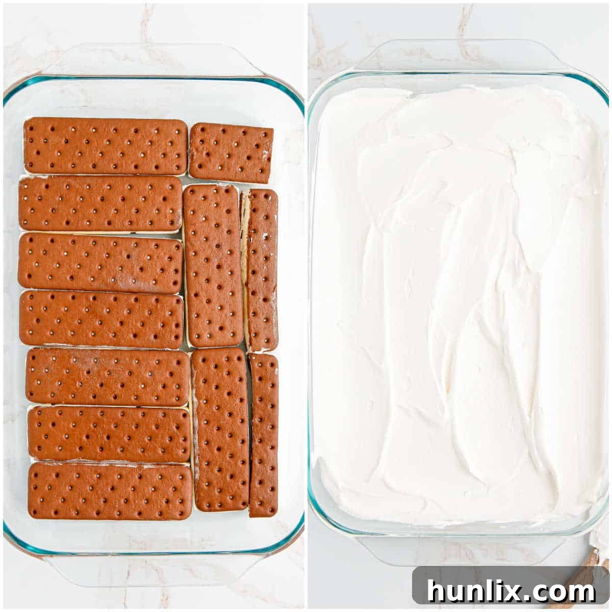 A collage showing the initial steps of layering ice cream sandwiches, followed by Cool Whip in a 9x13 inch pan for the Turtle Ice Cream Sandwich Cake.