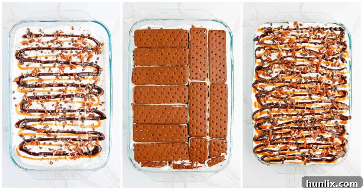 A collage illustrating the continuation of layering, with chocolate sauce, caramel sauce, pecans, and mini chocolate chips being added over the Cool Whip layer in the pan for the Turtle Ice Cream Sandwich Cake.