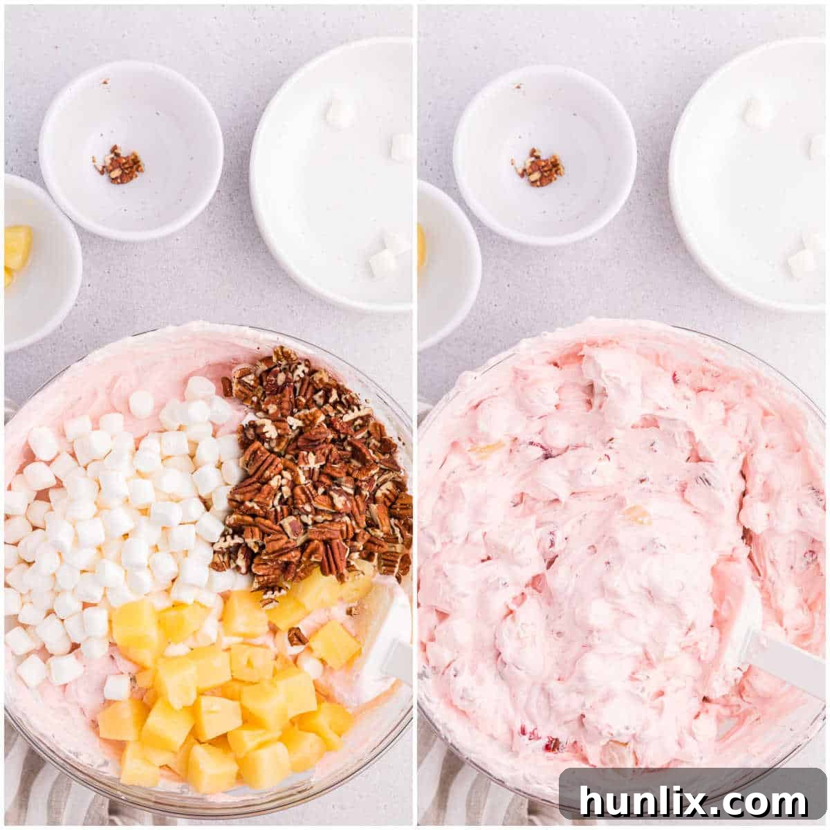 The second step of making strawberry fluff salad, folding in marshmallows, pineapple, and pecans.