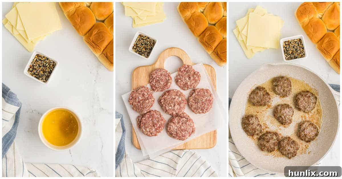 First steps of making breakfast sliders: preheating oven, cooking sausage patties in a skillet, and preparing Hawaiian rolls.