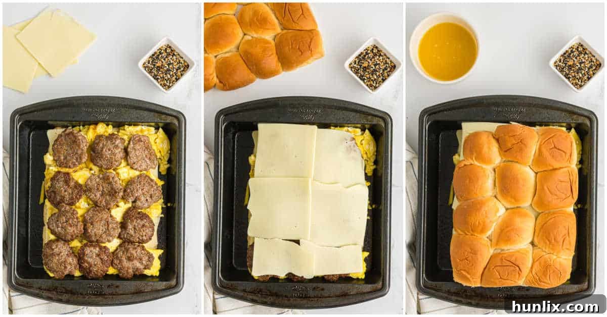 Third steps of making breakfast sliders: adding cooked sausage patties and a final layer of cheese, then placing the top half of the Hawaiian rolls.