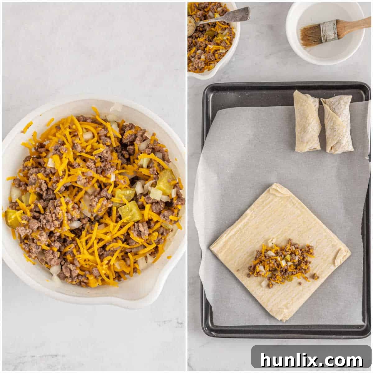 Crispy Cheeseburger Bundles 4 Steps to make cheeseburger egg rolls.