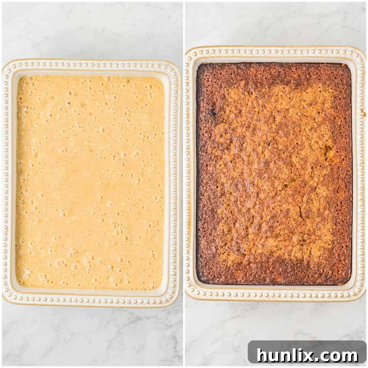 A collage demonstrating the baking process of Tornado Cake in a pan.