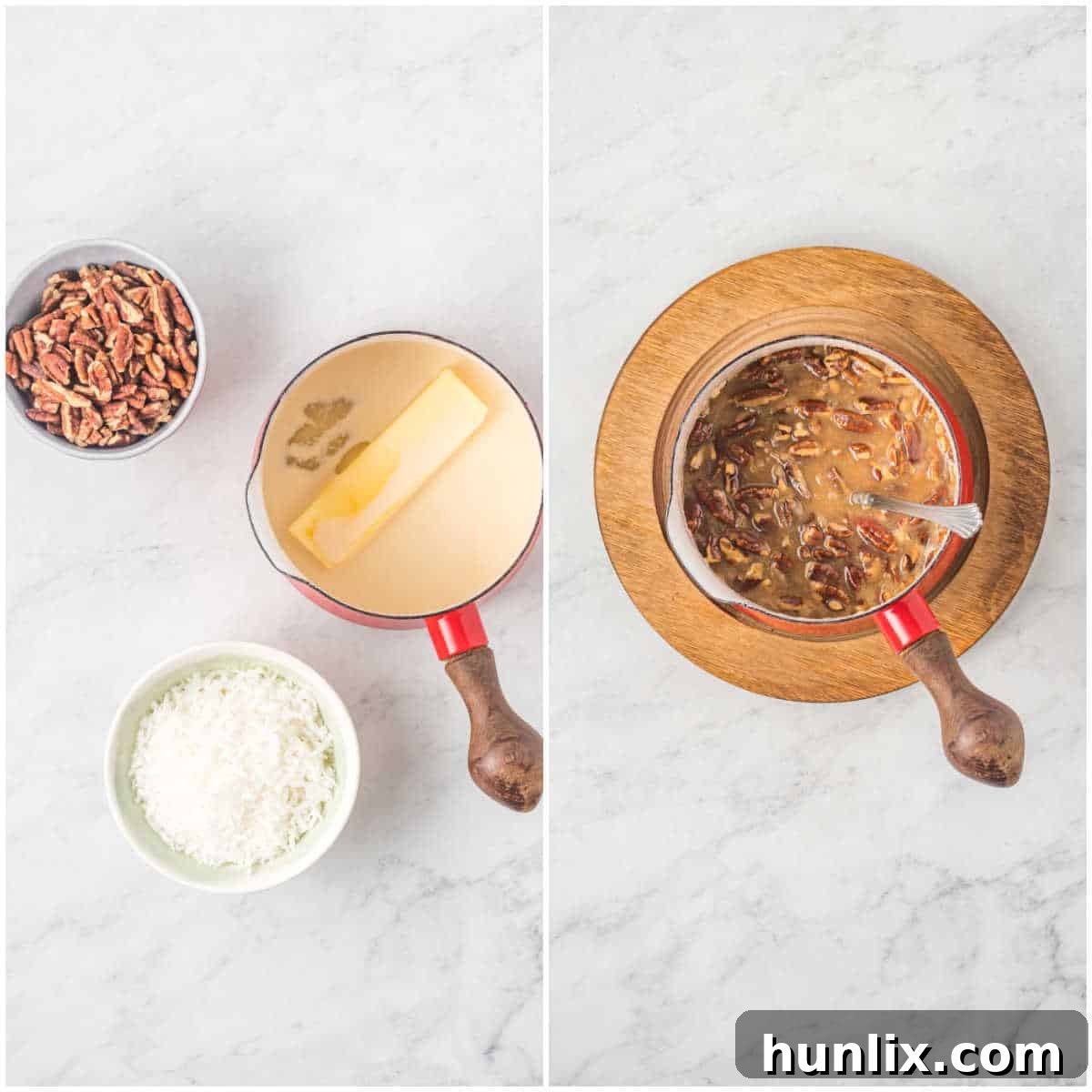 A collage depicting the steps to make the boiled coconut and pecan topping in a pot.