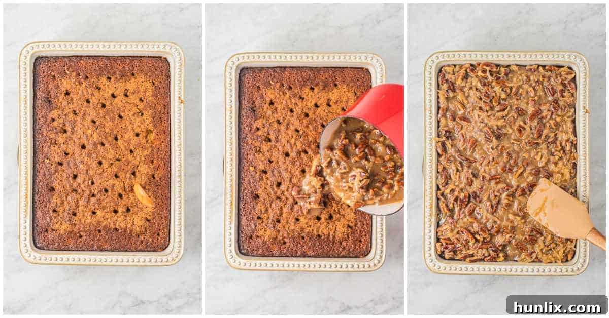 A collage showing the process of spreading the delicious coconut and pecan topping over the hot Tornado Cake.