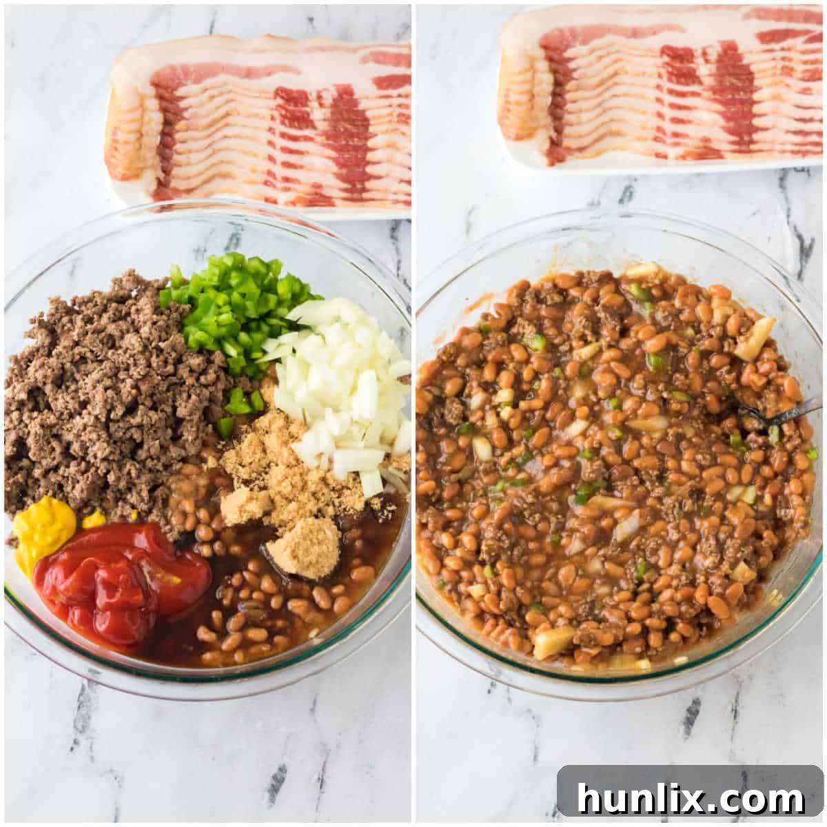 Hands mixing a large bowl of baked beans, ground beef, and vegetables, showcasing the initial steps of the recipe preparation.